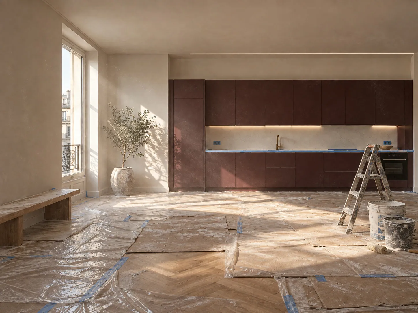 Visualisation illustrative — Fin des travaux · Séjour avec cuisine ouverte